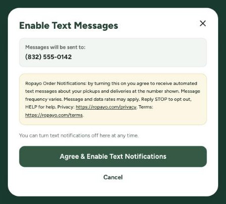 The Ropayo &ldquo;Enable Text Messages&rdquo; confirmation window: the mobile number messages will be sent to, the consent disclosure quoted above, an &ldquo;Agree & Enable Text Notifications&rdquo; button, and a Cancel button.