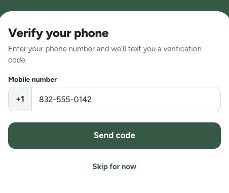 The Ropayo &ldquo;Verify your phone&rdquo; screen: a Mobile number field with a +1 prefix containing 832-555-0142, a Send code button, and a Skip for now link.