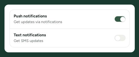 The Ropayo Notifications settings: a Push notifications switch, and a Text notifications switch labelled &ldquo;Get SMS updates&rdquo; in the off position.